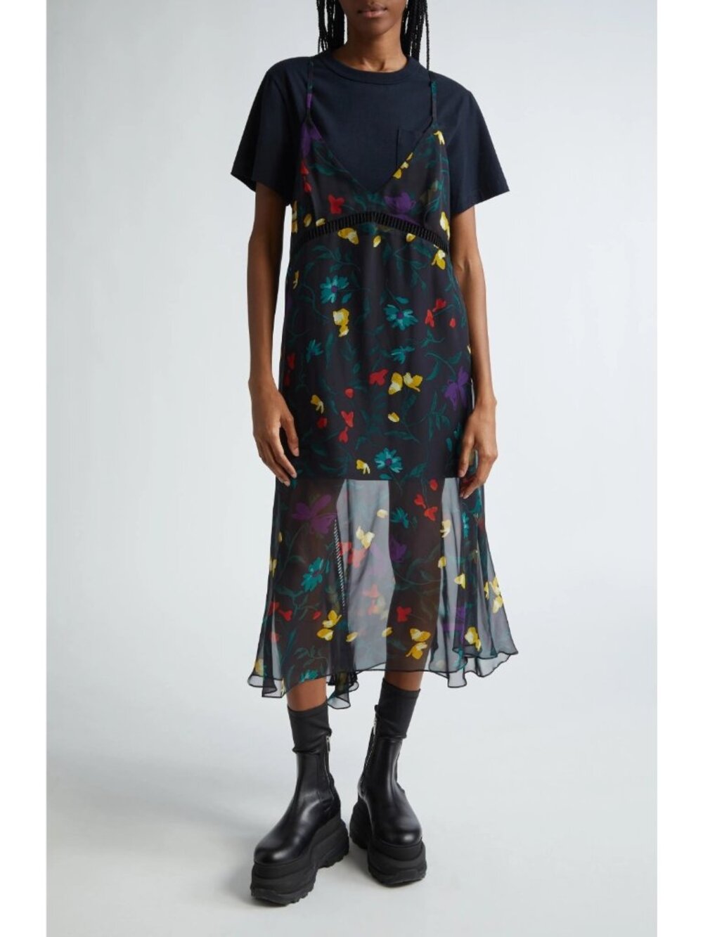 Sacai Womens Floral Print Mixed Media Layered Midi Dress Navy Size 2 / US 8